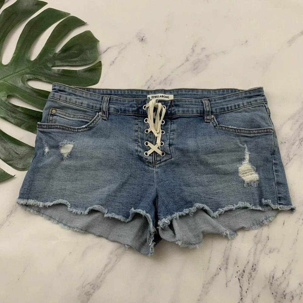 Billabong Womens Lace Up Jean Denim Shorts Size 30 Distressed Cut Offs Stretch - Picture 1 of 8